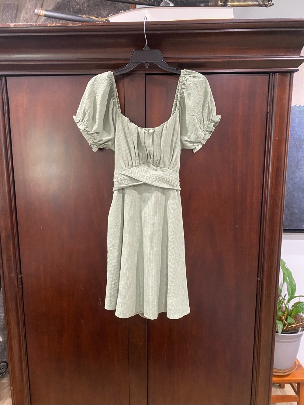 Sage Puff-Sleeve Mini Dress with Ruched Waist
